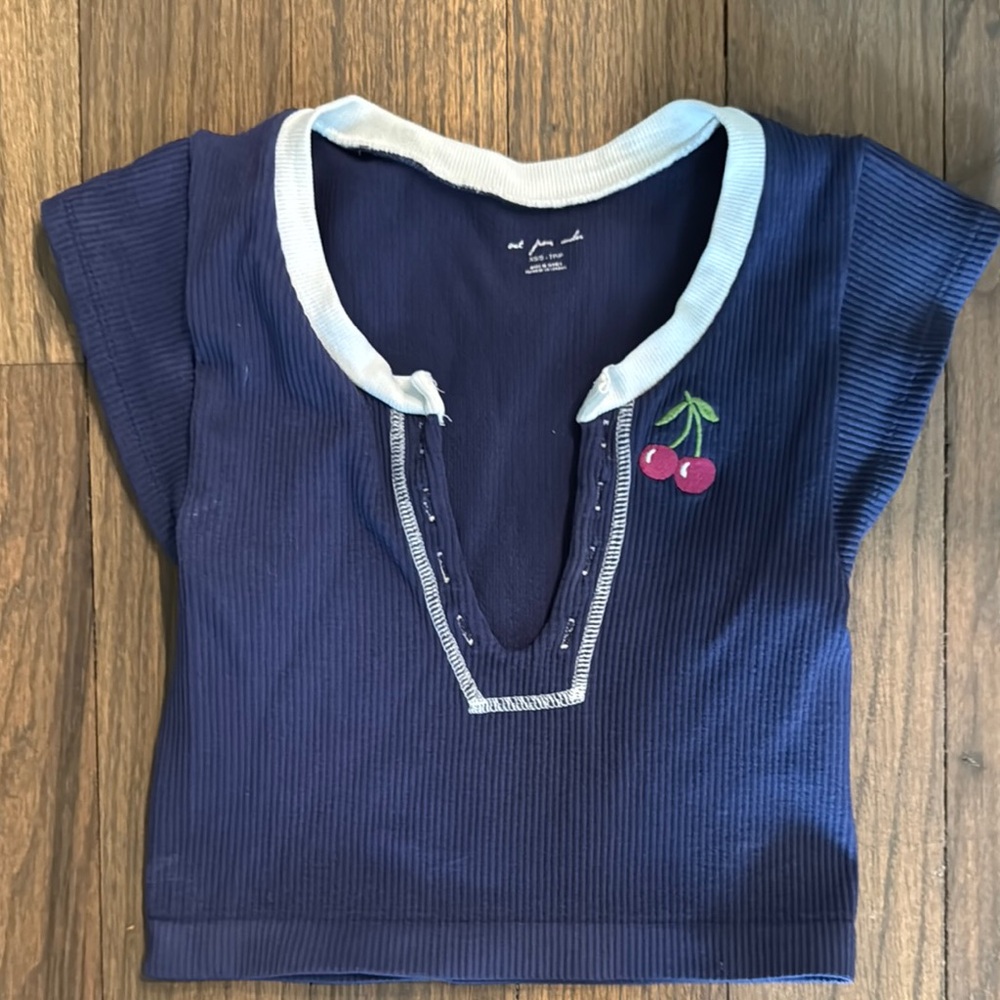 Navy Blue Crop Top with Cherry Embroidery
